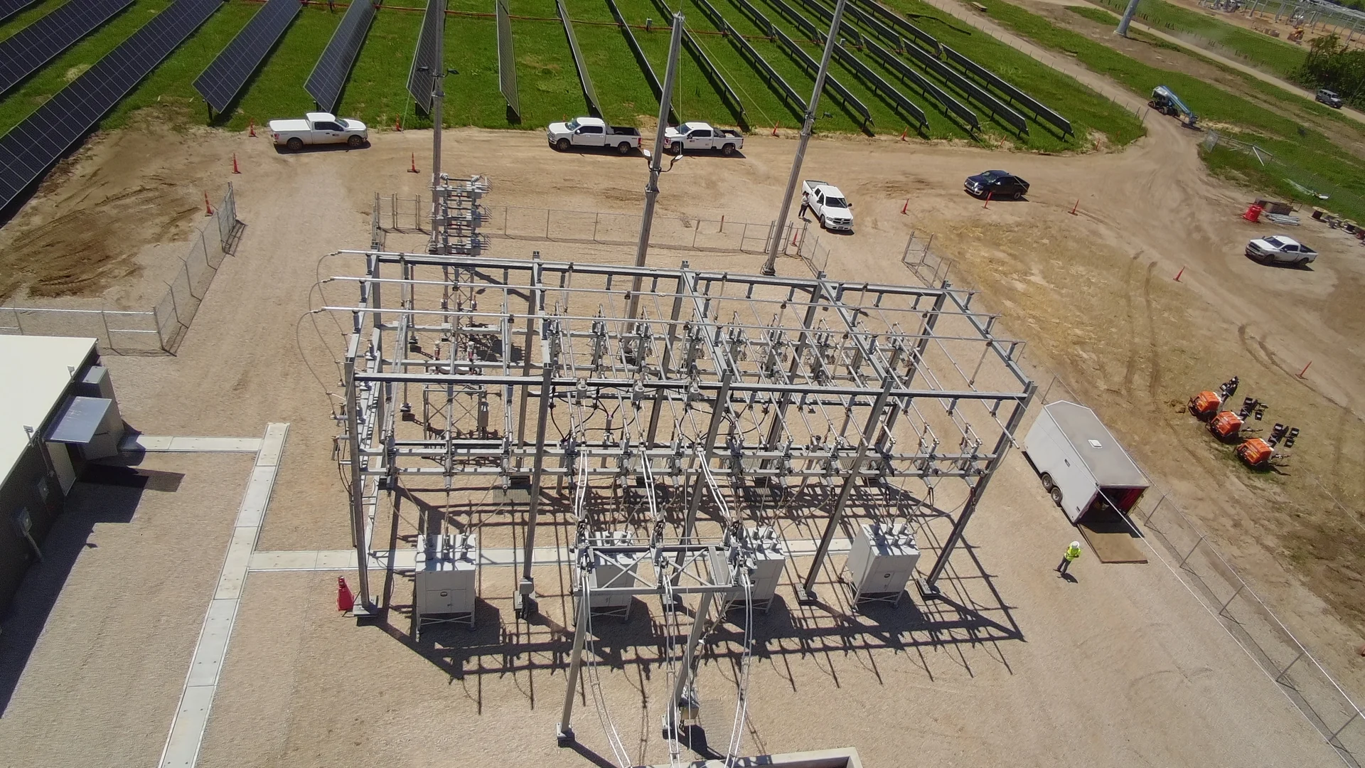 Structures and electrical equipment at the Texas solar substation.
